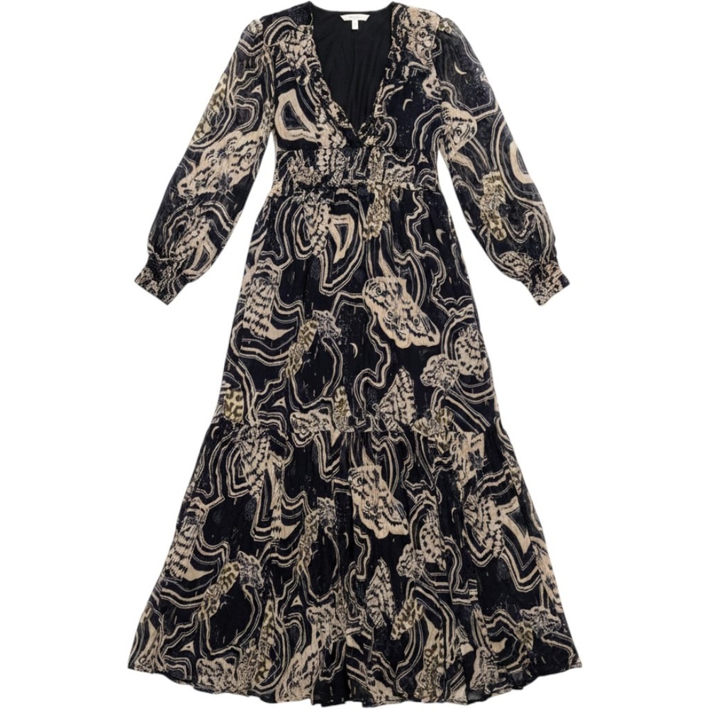 Printer Johnson Anthropologie Moth Print Ruffle Maxi Dress Navy Cream XSP